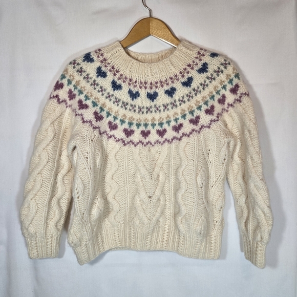 Vintage Hearts Wool Mohair Chunky Knit Sweater Fair Isle Grandma Cottagecore M - Picture 9 of 9